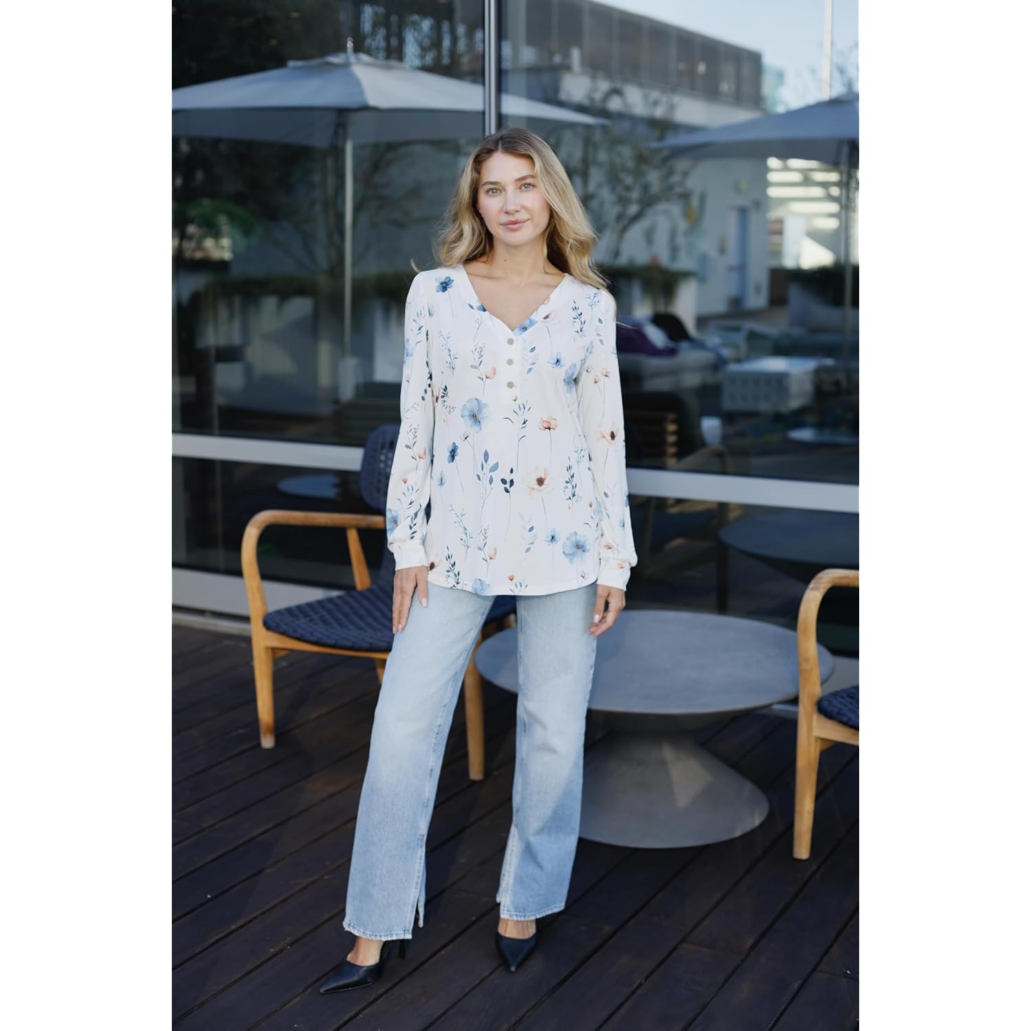 Women's Long Sleeve Shirts V Neck Dressy Casual Tops Trendy Button Down Blouse Fall Fashion Work Clothes