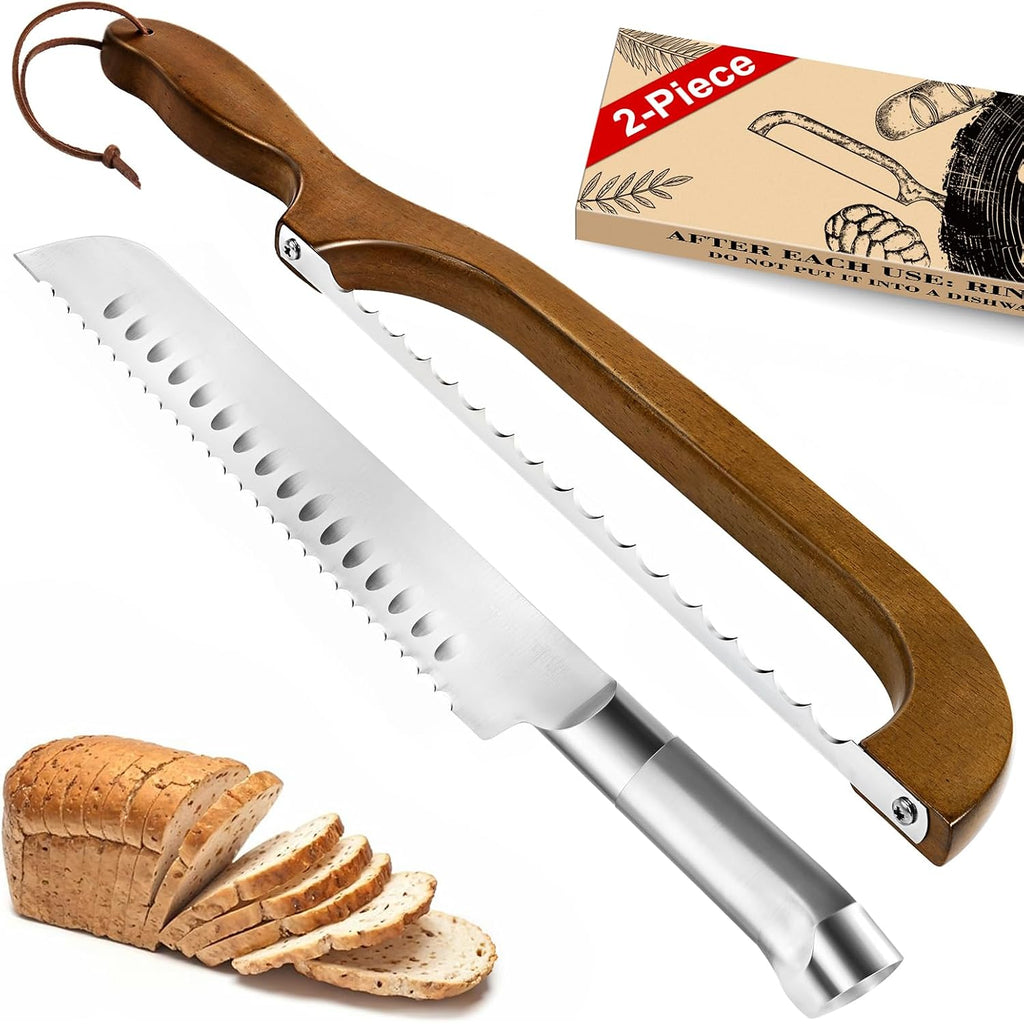 2 Pack Sourdough Bread Knife For Homemade Bread, Serrated Bread Cutter Ergo-Safe Engineering Anti-Stick Bread Bow Knife For Sourdough, Baguettes, Cakes