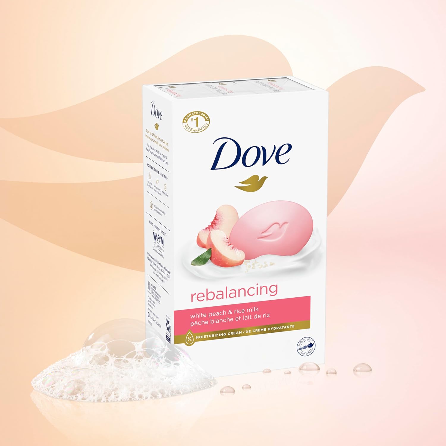 Dove Rebalancing Beauty Bar Soap 6 Count, White Peach & Rice Milk, 3.75 Oz I Plant-Based Beauty Bar With White Peach And Rice Milk For Soft, Moisturized Skin