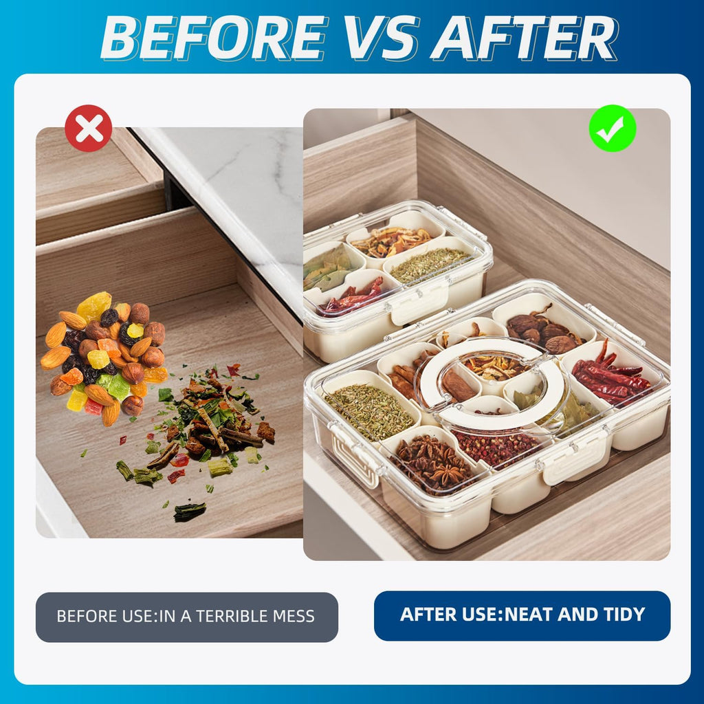 Pure Future Air-Tight Snackle Box Container –Divided Serving Tray With Lid & Handle–Clear Snack Box For Fruits, Candy & Nuts–Portable For Travel & Daily Use (8 Inside Containers Dishwasher Safe)
