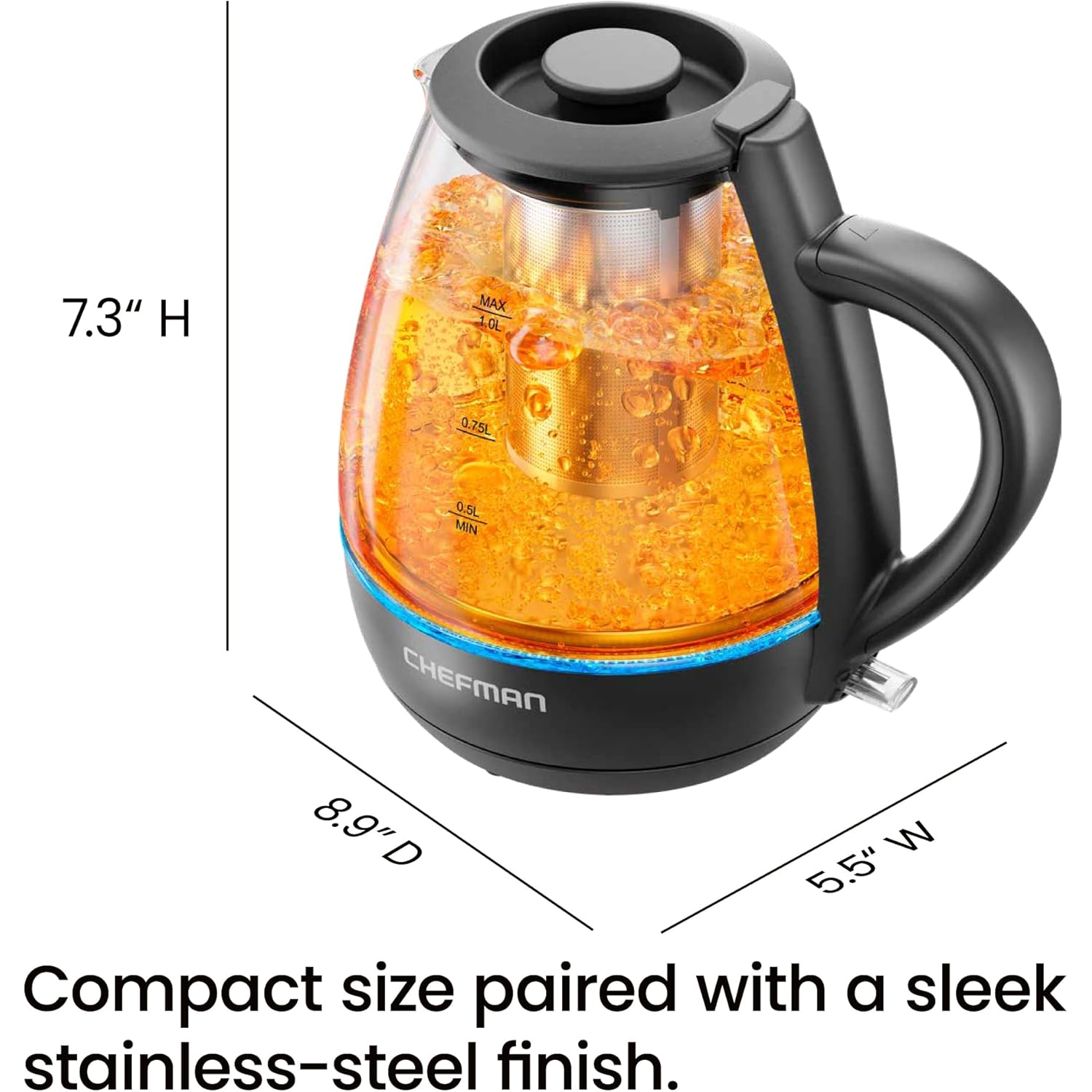 Chefman Electric Kettle with Tea Infuser, Compact 1L (4 Cups), 1500W, Removable Lid for Easy Cleaning, Boil-Dry Protection, Stainless Steel Filter, BPA Free, Auto Shut Off, Small Electric Tea Kettle