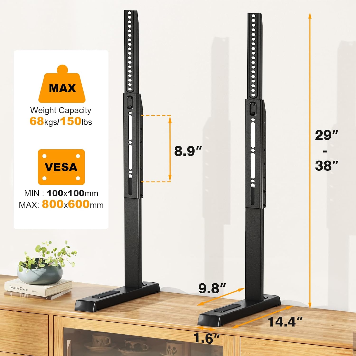 Universal Tv Legs, Table Top Tv Stand Base With Height Adjustable | For Most 37-90 Inch Tvs, Holds Up To 150Lbs With Cable Management, Max Vesa 800X600Mm, Black