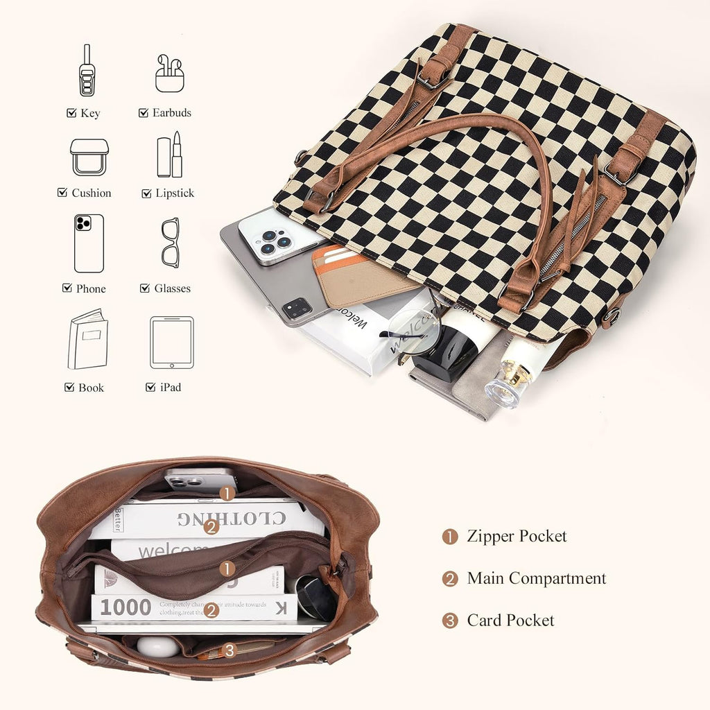 Checkered Tote Bag Large Checkered Purses For Women Plaid Hobo Shoulder Bag Multiple Pockets Tote Handbags