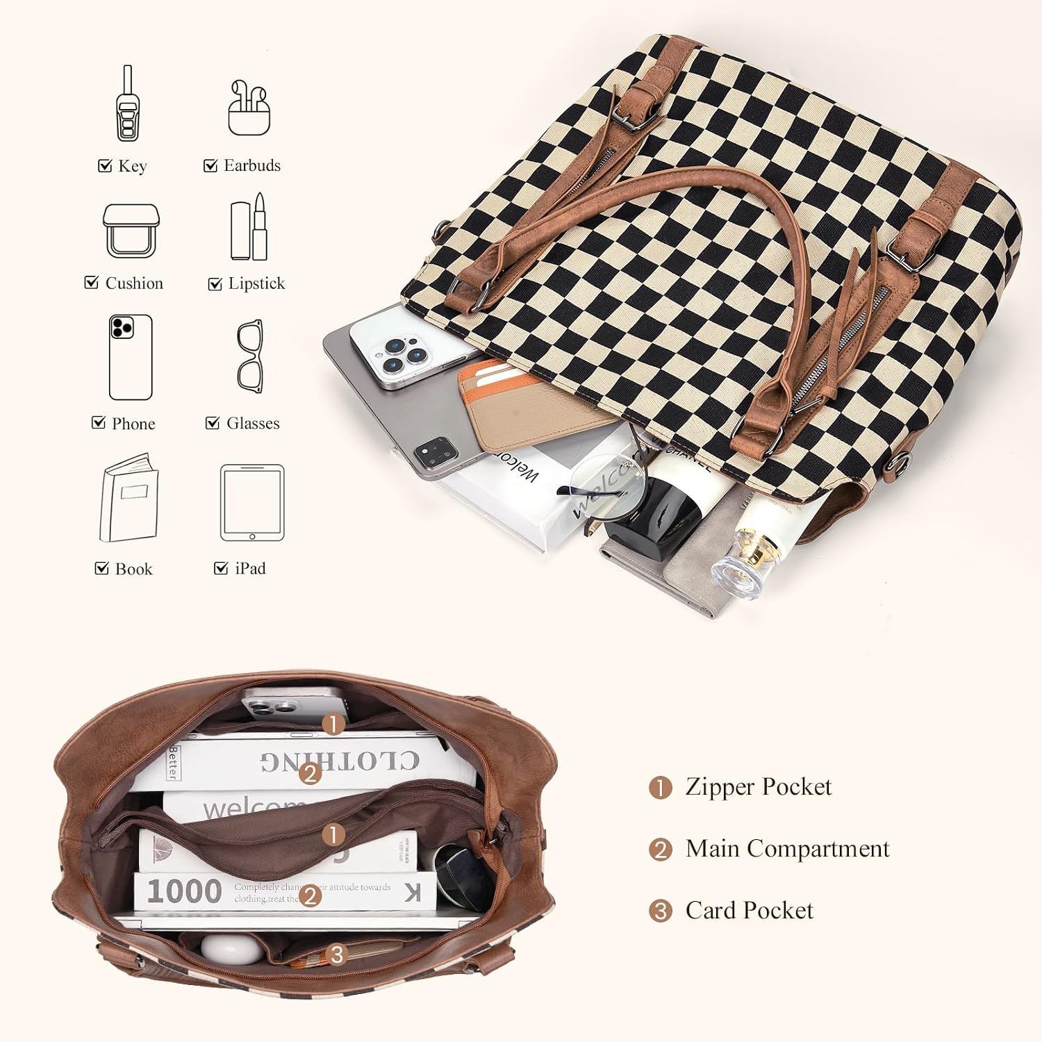 Checkered Tote Bag Large Checkered Purses For Women Plaid Hobo Shoulder Bag Multiple Pockets Tote Handbags