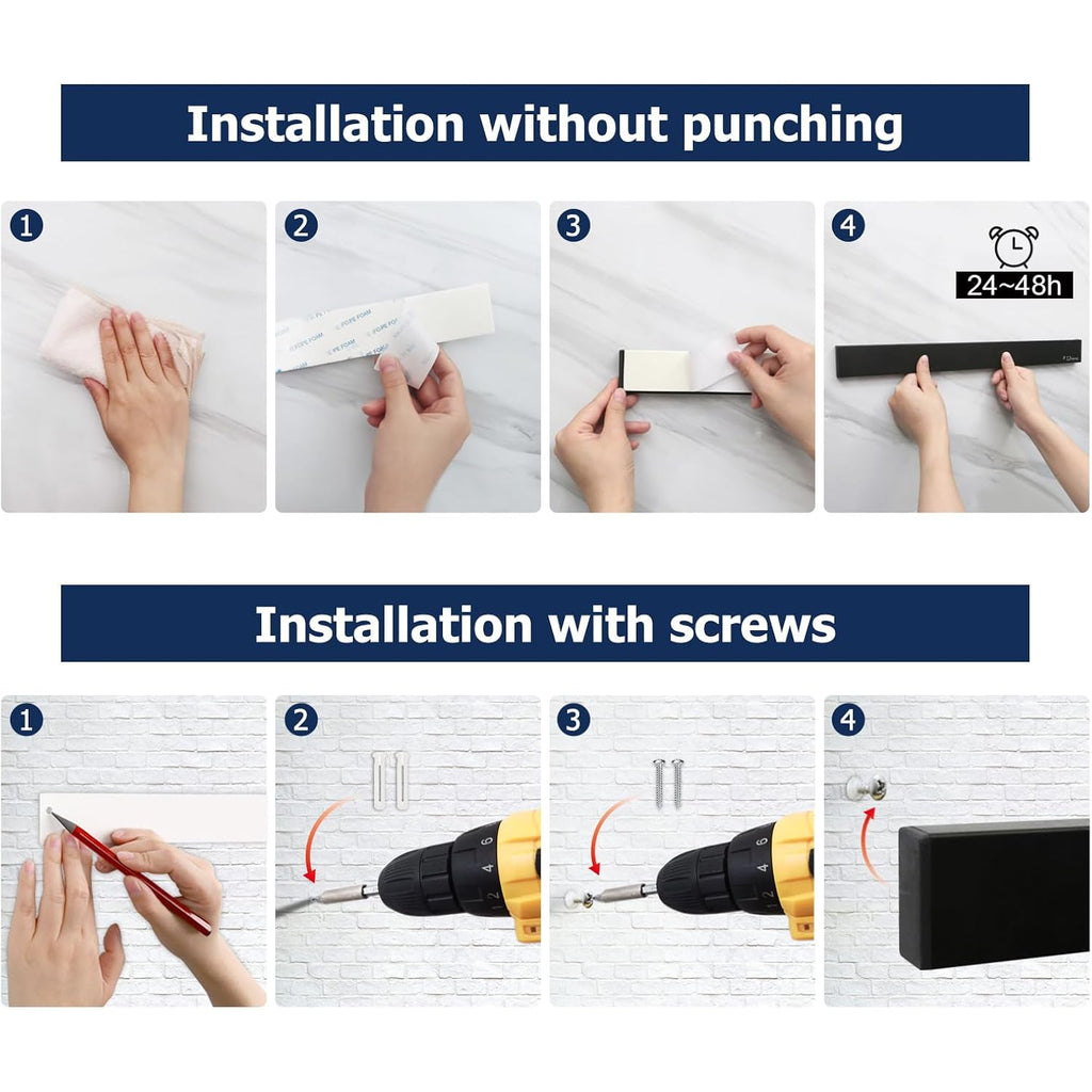 Dmore magnetic knife holder for wall—with 3 hooks, No Drilling 16 Inch black knife magnetic strip, Powerful knife magnet rack, include Adhesive Tape and screws for Knives, Utensils, and Tools