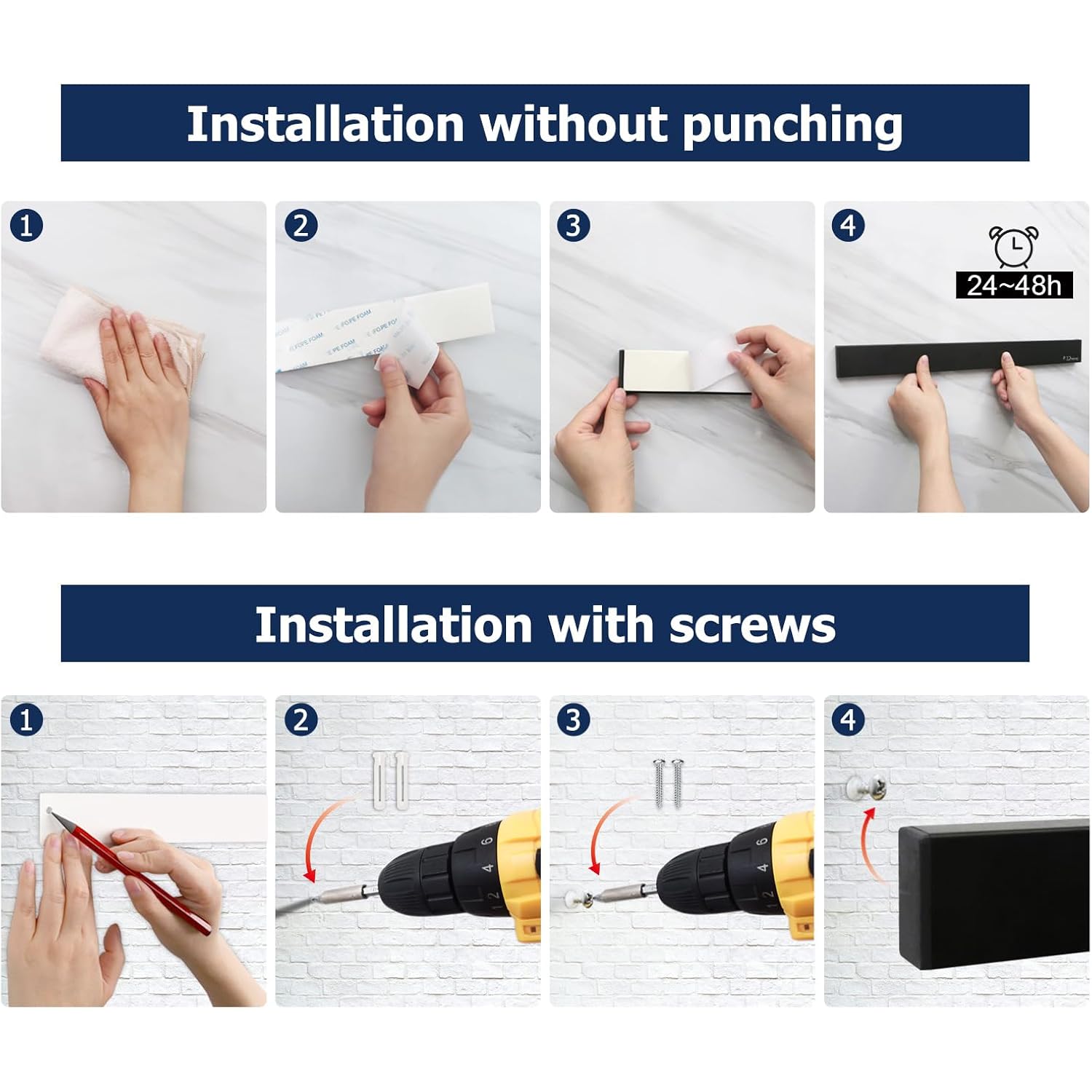 Dmore magnetic knife holder for wall—with 3 hooks, No Drilling 16 Inch black knife magnetic strip, Powerful knife magnet rack, include Adhesive Tape and screws for Knives, Utensils, and Tools