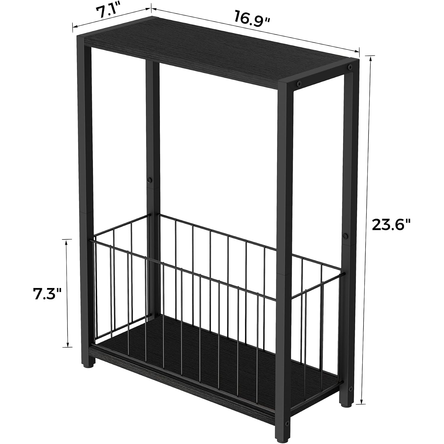 Narrow Side Table With Magazine Holder, Skinny End Table Perfect For Small Spaces, Space-Saving Design For Living Room, Bedroom, Or Office, 7.1" D X 16.9" W X 23.6" H, Black