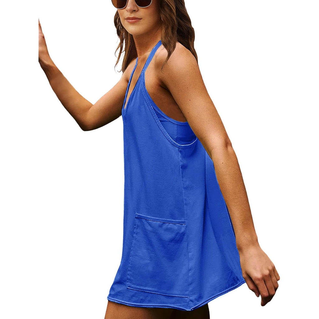 Zhiyouni Women'S Summer Sleeveless Mini Dress V Neck Spaghetti Straps Athletic Built-In Shorts Sundress