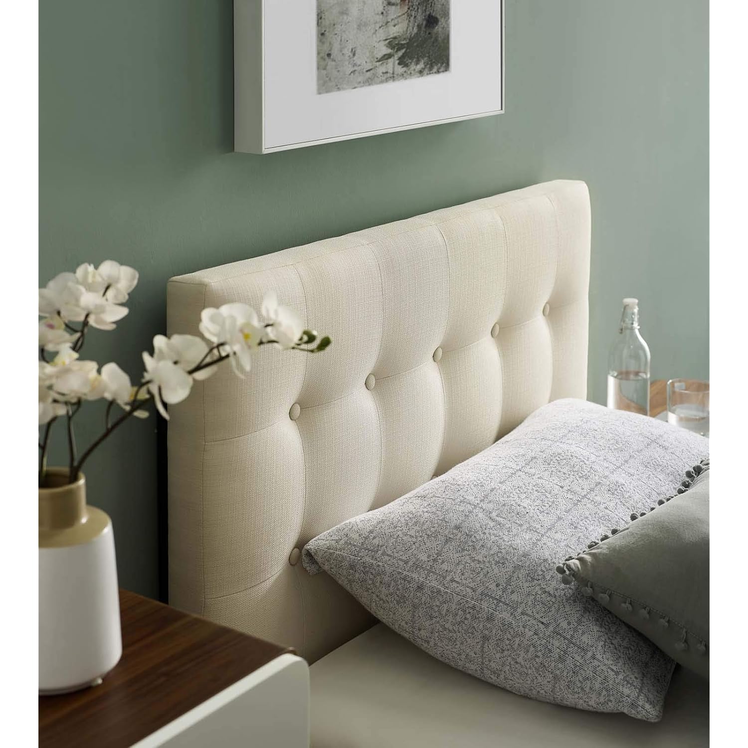 Modway Emily Tufted Button Linen Fabric Upholstered Twin Headboard In Ivory