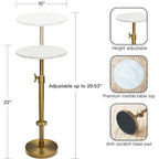 Adjustable-Height Marble Drink Table - 10X10X22-30, White Marble & Antique Brass, Modern Round End Table, Side Table With Pedestal Stand For Small Spaces, Vintage Metal Martini Cocktail Accent
