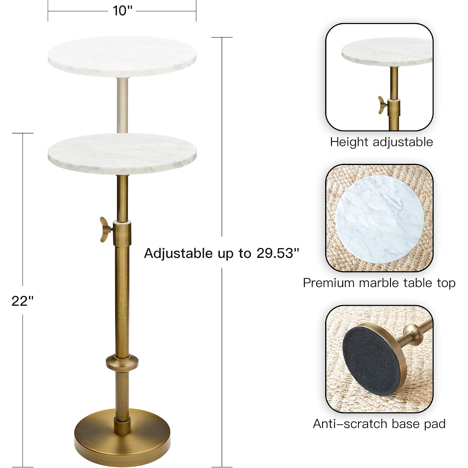 Adjustable-Height Marble Drink Table - 10X10X22-30, White Marble & Antique Brass, Modern Round End Table, Side Table With Pedestal Stand For Small Spaces, Vintage Metal Martini Cocktail Accent