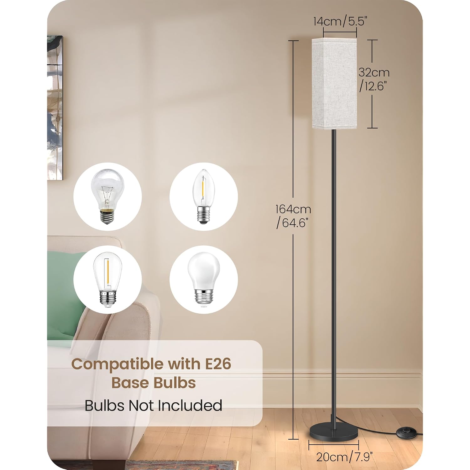 64.6" Floor Lamp, Pole With Foot Switch, Modern Standing Lamp Lampshade, Minimalist Freestanding Lamp (Bulb Not Included), For Living Room, Bedroom Office Etl Listed, Black And Beige E07Ld05