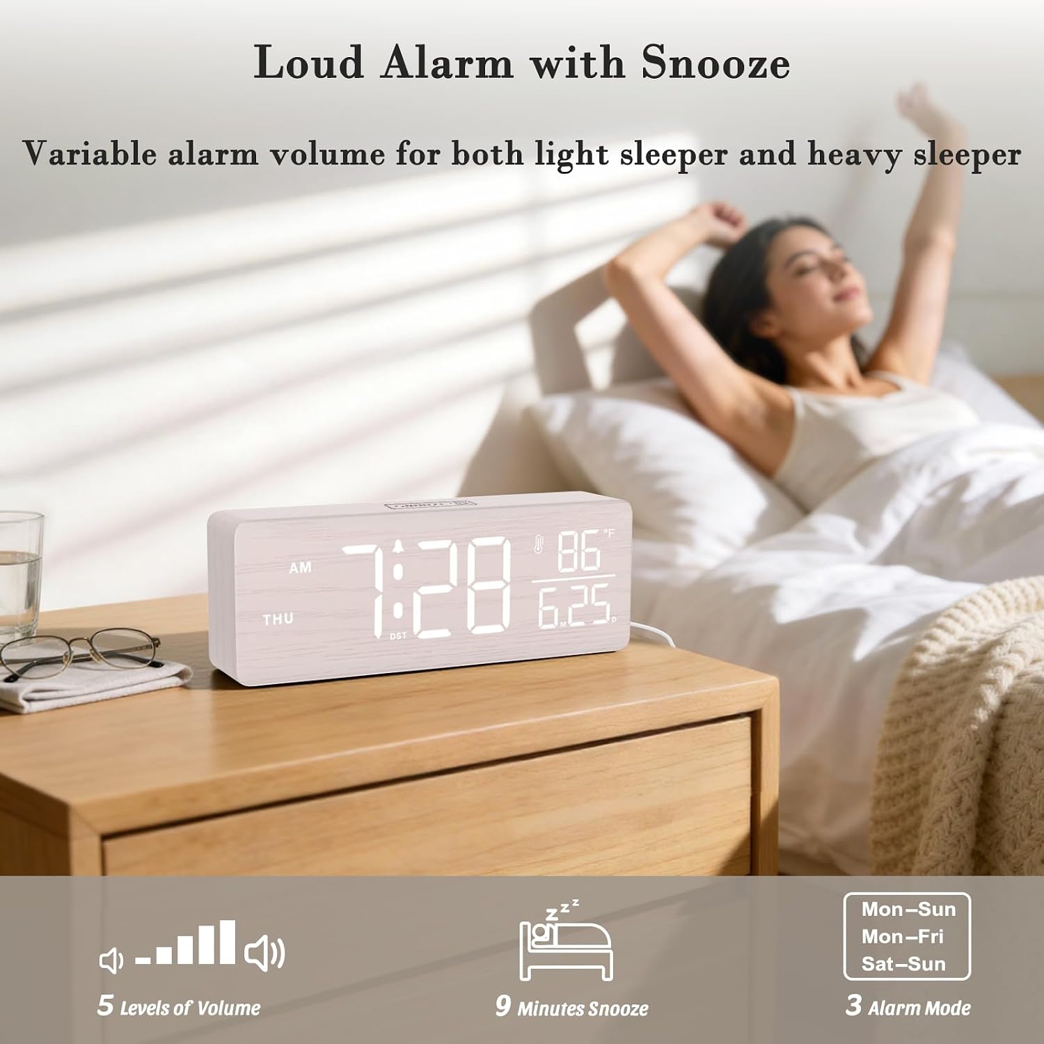 Dreamsky Wooden Digital Alarm Clock With Date & Day Of Week For Bedroom | Large Display Desk Clock For Living Room, Temperature, Dimmer, Adjustable Volume, Auto Dst, Office Wood Décor (Plug-In)