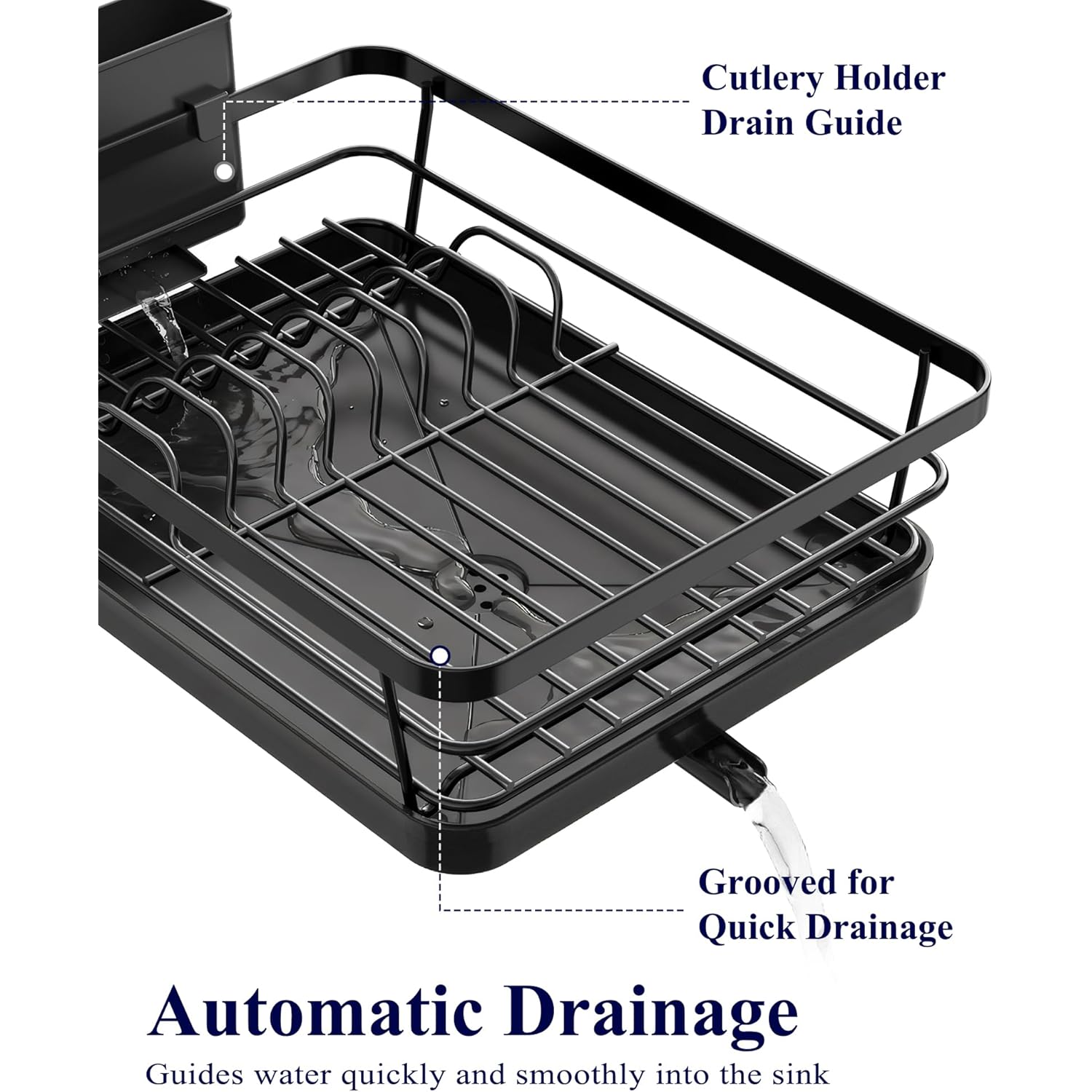 Kitsure Dish Drying Rack for Kitchen Counter, Stainless Steel Sink Organization and Storage Essentials with Cutlery Holder, Home and Appartment Decor, 12''W x 15.5''L, Black