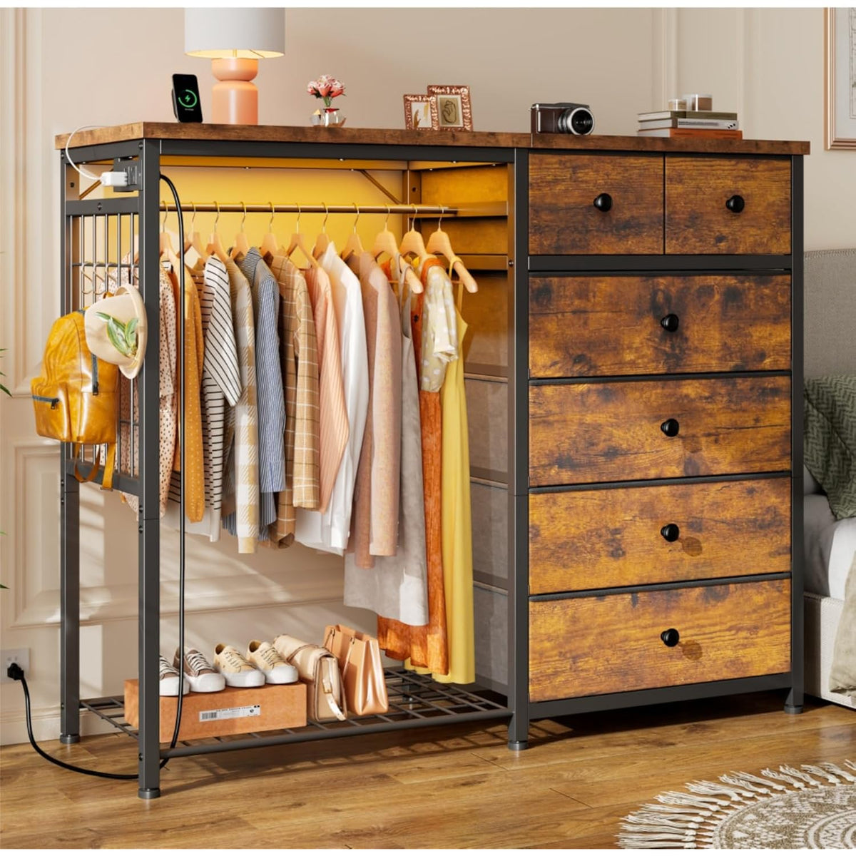 Enhomee 49.2" W Dresser With Hanging Rack & 6 Drawers, Grid Panel & 4 Hooks | Featuring Led Lights And Charging Station, Wooden Top Organize Unit For Bedroom, Chest Of Drawers With Steel Frame, Brown