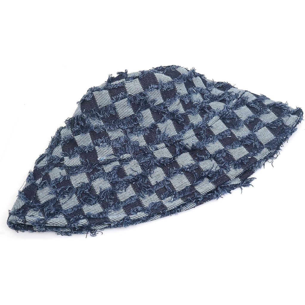 Women'S Vintage Denim Washed Cotton Bucket Hat Cowboy Checkerboard Fishermen Hat Outdoor Sun Cap