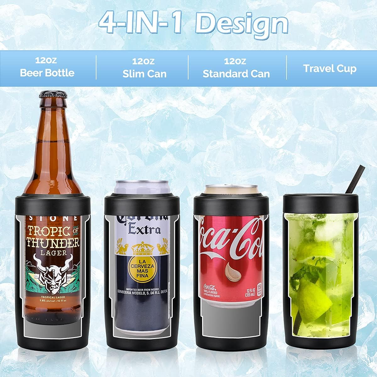 Morefeel 4-In-1 Insulated Can Cooler For 12 Oz Cans & Bottles | 304 Stainless Steel Can Holder Fits 12 Oz Slim Cans, Standard Cans, Beer Bottles & Works As A Open Cup; Dishwasher Safe