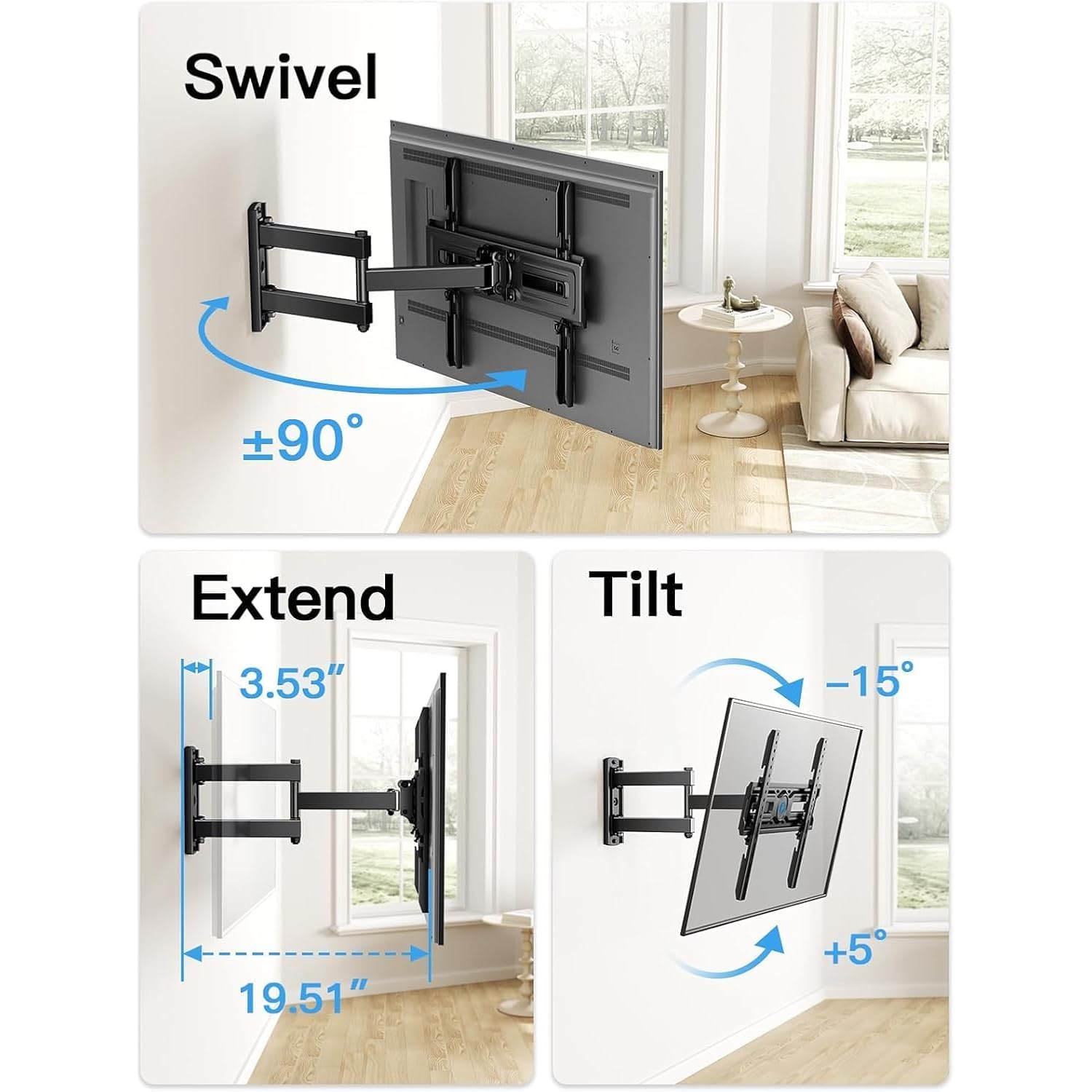 Pipishell Full Motion TV Wall Mount for Most 26-65 inch Flat & Curved TVs up to 77 lbs, Adjustable Bracket Height, Corner TV Mount with Single Articulating Arm, Max VESA 400x400mm, PIMF9