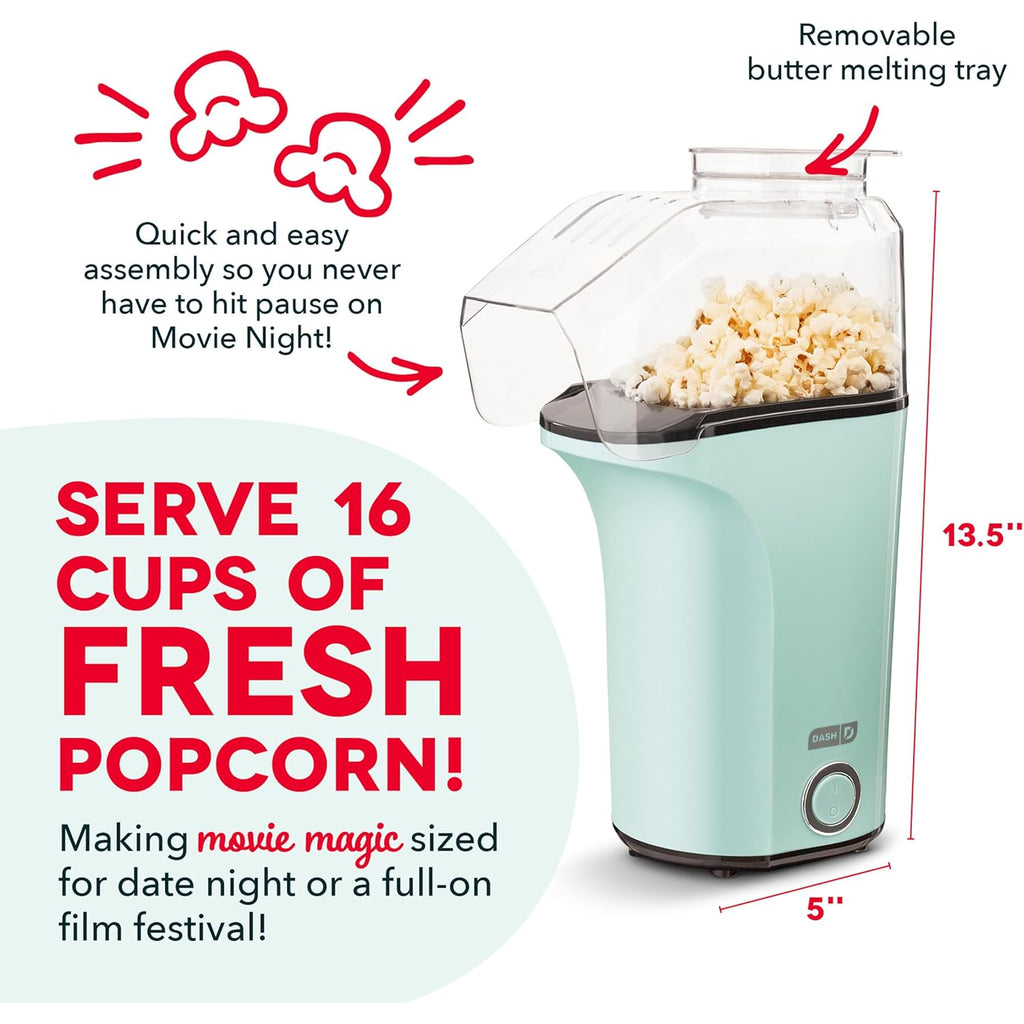DASH Fresh Pop Popcorn Maker - Oil-Free, Air Popcorn Popper - With Measuring Cup & Recipe Guide - Perfect for Movie Nights - 16 Cups, Aqua