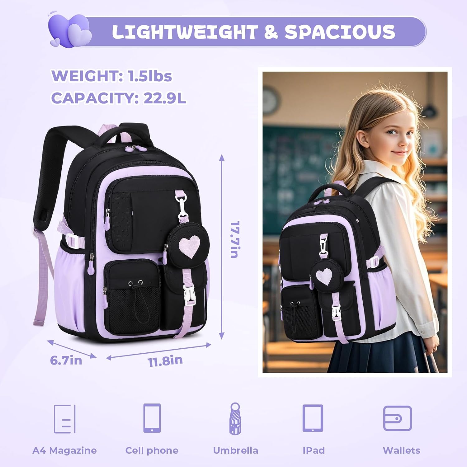 Girls Backpack, Kids Backpack For Girls, School Bag For Primary Elementary Teenage, Middle School Students Bookbag