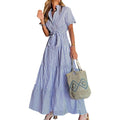 Utcoco Womens Casual Short Sleeve Button Down Tie Waist Ruffled Striped Maxi Shirt Dress