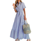 Utcoco Womens Casual Short Sleeve Button Down Tie Waist Ruffled Striped Maxi Shirt Dress
