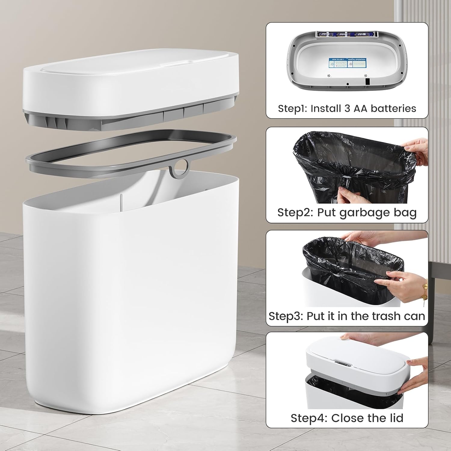 Small Trash Can For Bathroom, 3.5 Gallon Automatic Touchless Trash Can With Lid,Motion Sensor Slim Garbage Can Waterproof Trash Bin Waste Basket For Bedroom, Kitchen