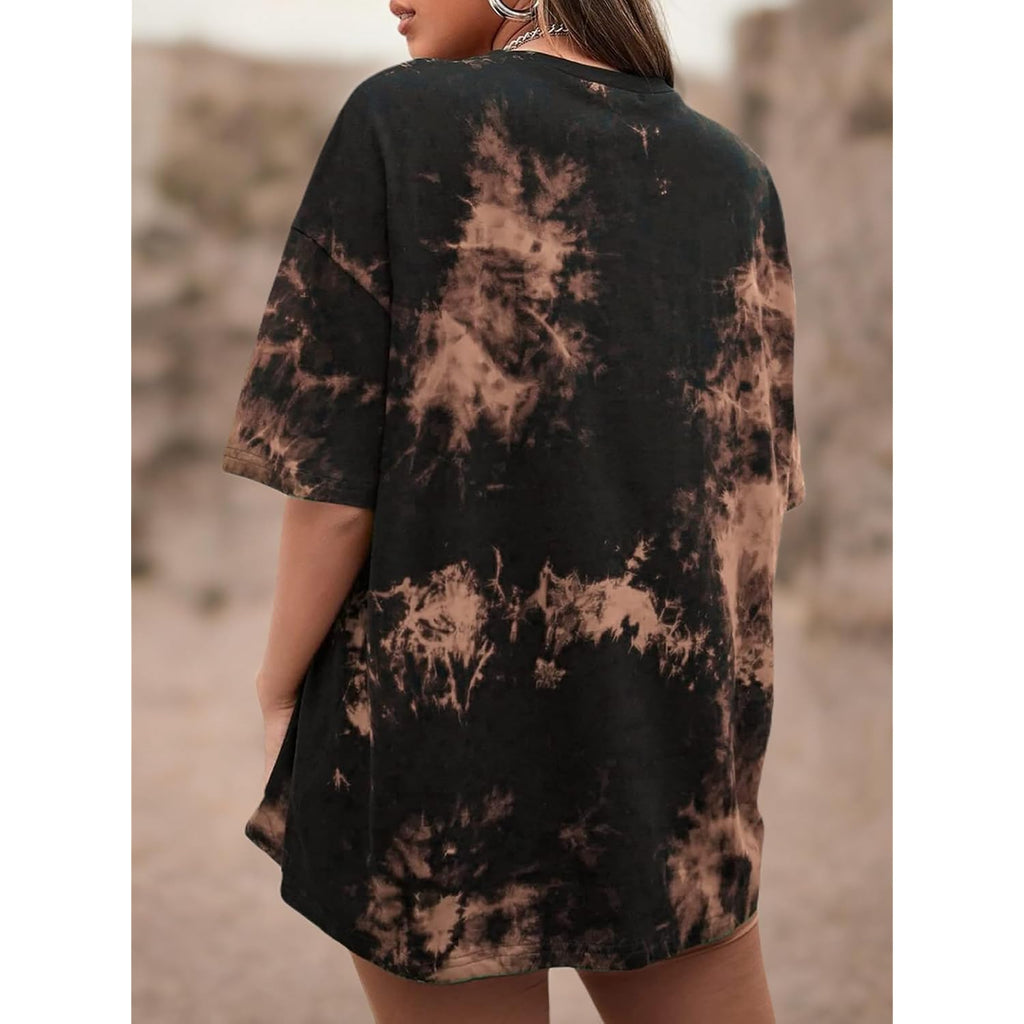 CSDAJIO Women's Casual Short Sleeve Loose Shirt Oversized T-Shirt Trendy Going Out Crew Neck Summer Graphic Tees Tie-dye Brown-sun and Moon-n
