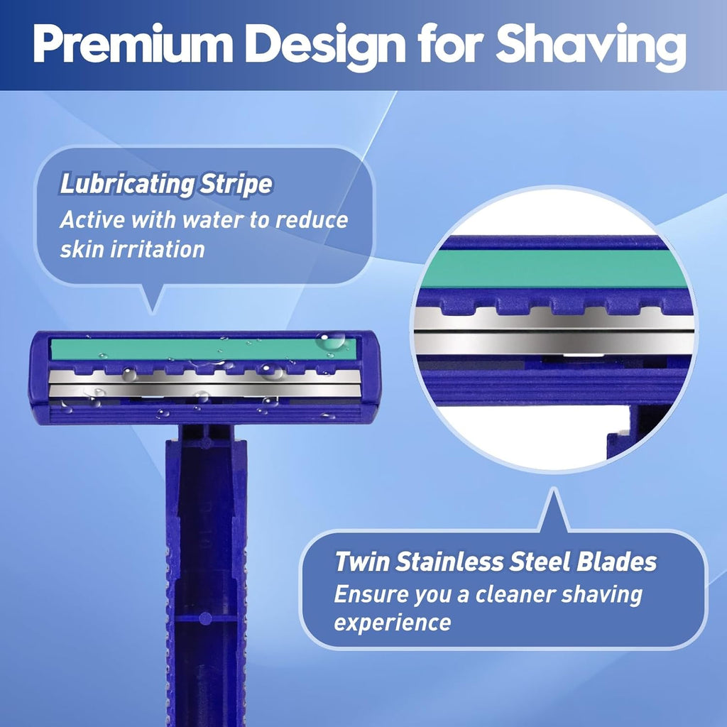 Twin Blade Disposable Razors for Men & Women – Bulk 60 Pack Stainless Steel Shavers with Lubricating Strip, Safety Cap & Non-Slip Handle for Sensitive Skin, Travel, Hotel, Charity – Blue