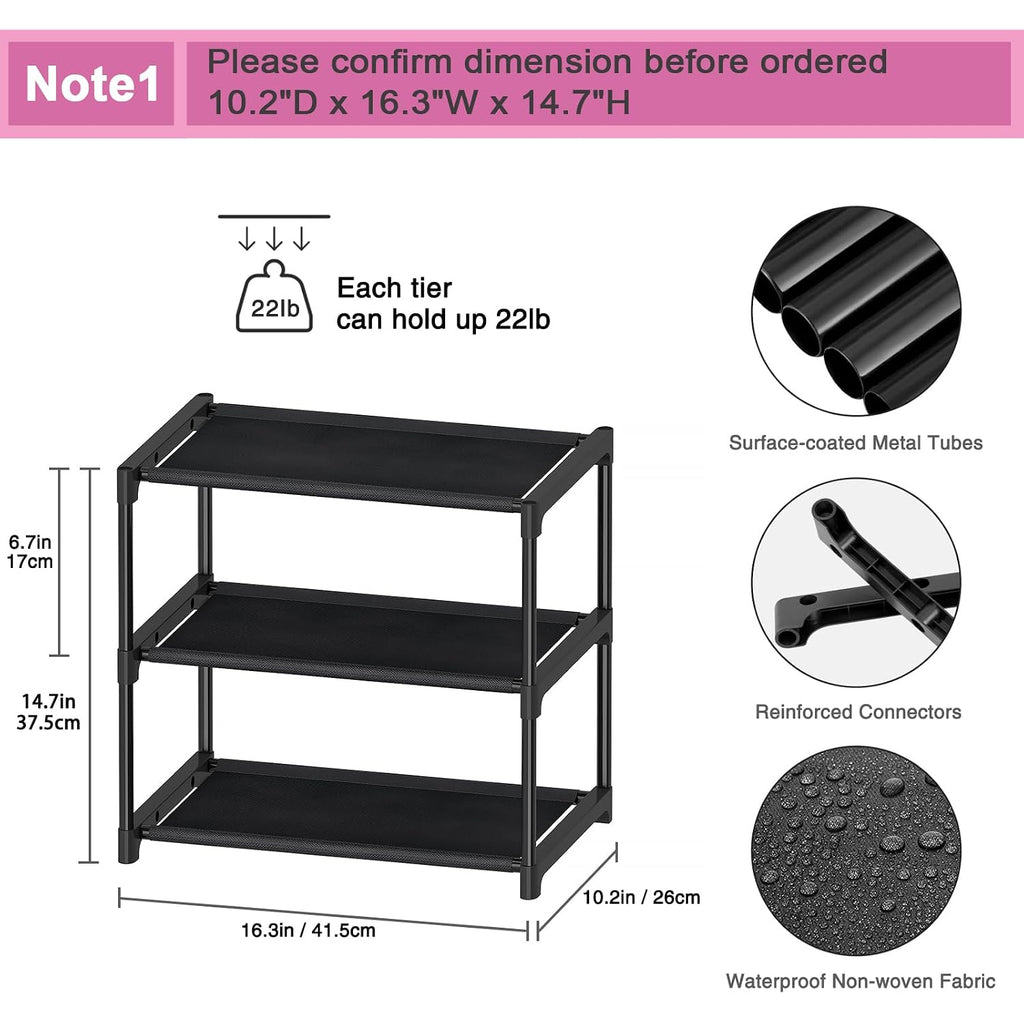 3 Tier Extra Small Shoe Rack (16.3" Wide), Narrow Stackable Shoe Shelf For Kids Toddler Adult, Ultra-Lightweight Shoe Rack Stand For Closet Dorm Bedroom Storage Organizer, Entryway