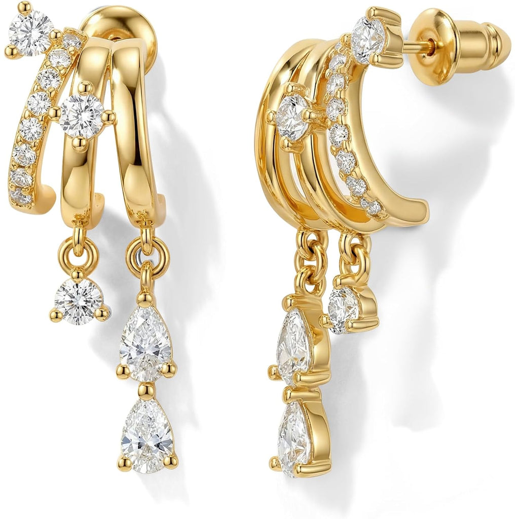 Triple Huggie Stacked Earrings for Women Gold Chain Drop Dangle Earrings Cute Statement CZ Earrings Trendy Dainty Jewelry Gift