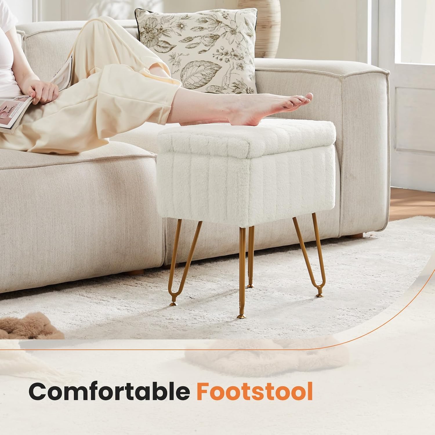 Sweetcrispy Vanity Stool Chair With Storage, Ottoman Faux Fur Soft Padded Makeup Footstools Seat With 4 Metal Legs Anti-Slip Adjustable Feet Modern Cute Small Footrest For Home Entryway Bedroom White