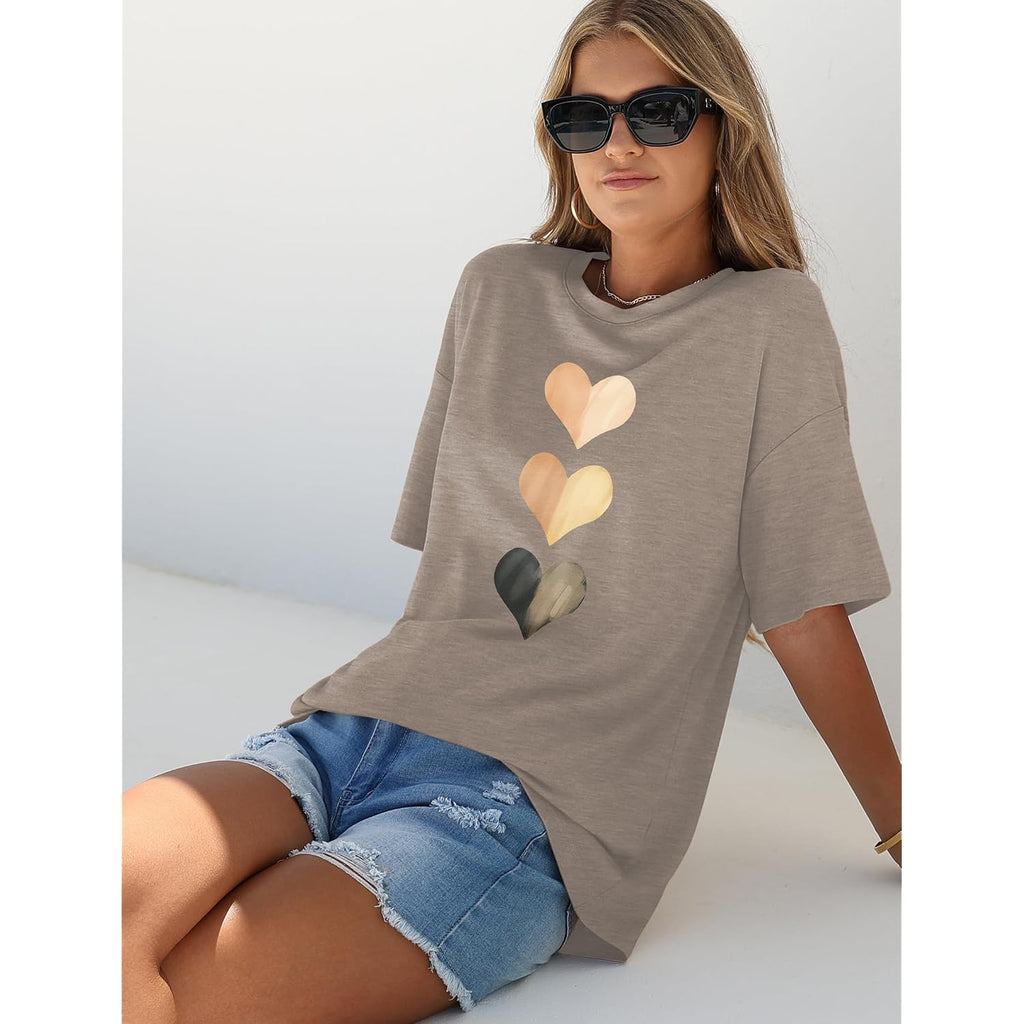WIHOLL Oversized Tshirts for Women Summer Crew Neck Short Sleeve Graphic Tees Casual Loose Fit Workout Tops 2026 Heart Shaped Print