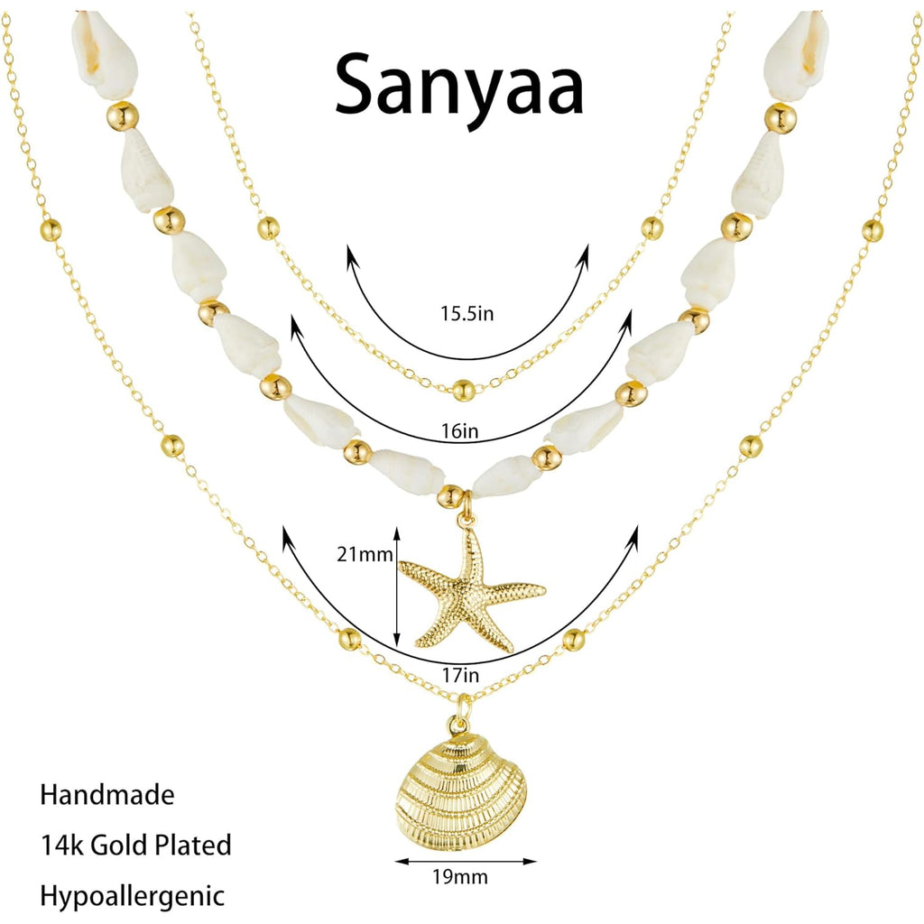 Seashell Starfish Necklace for Women Conch Shell Summer Pearl Beach 14k Gold Layered Dainty Choker