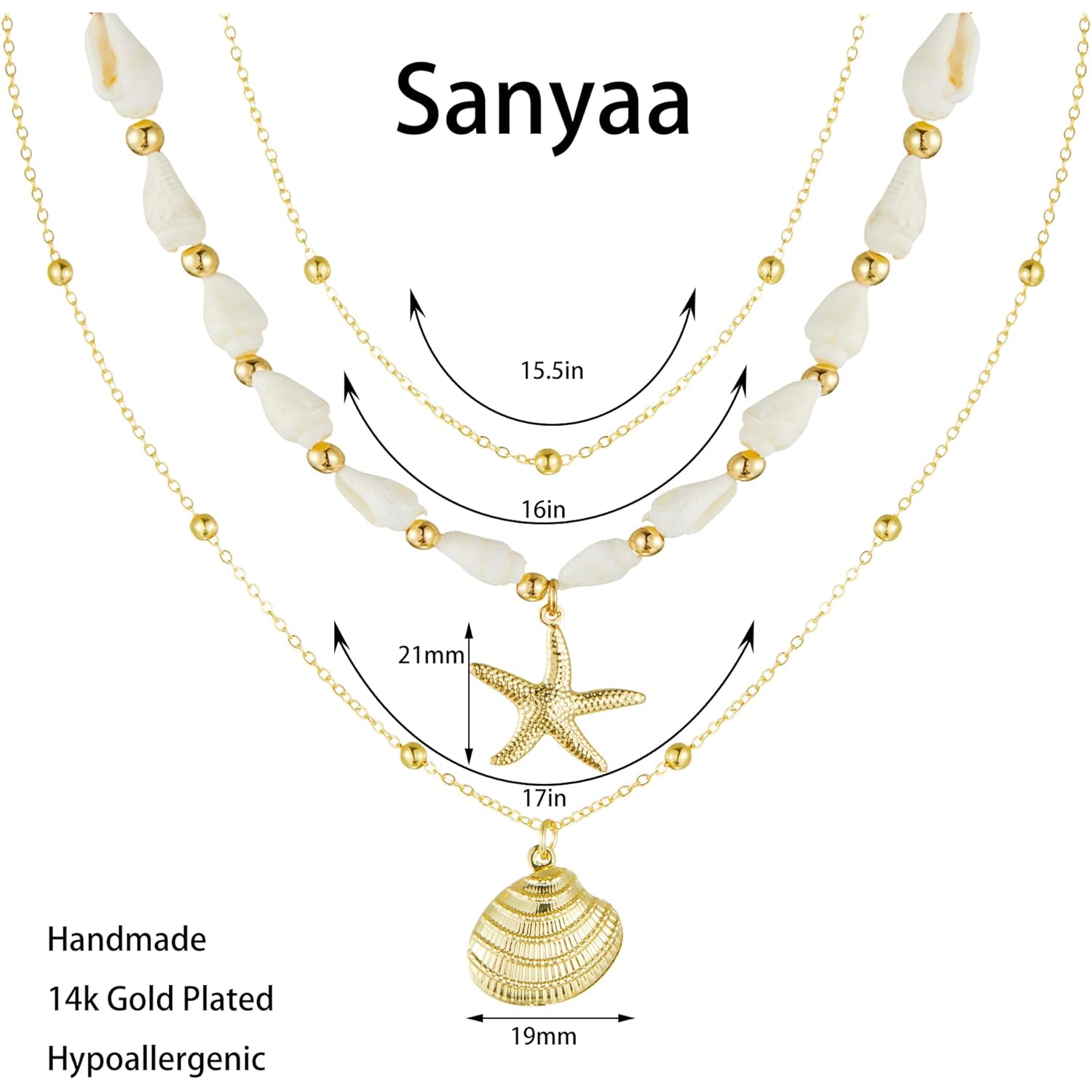 Seashell Starfish Necklace for Women Conch Shell Summer Pearl Beach 14k Gold Layered Dainty Choker