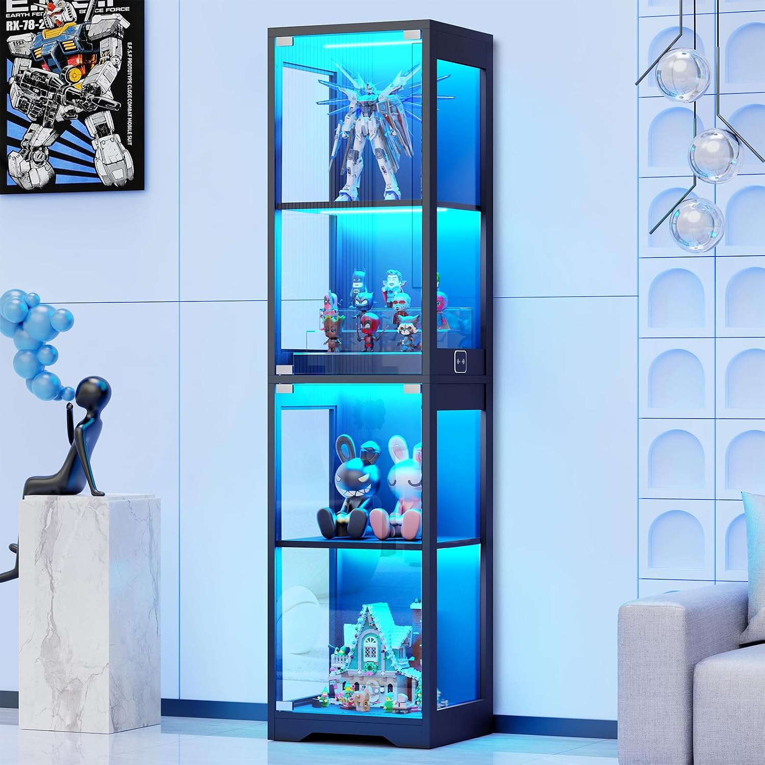 Brottar Glass Display Cabinet, 4-Tier Curio Cabinets With 3 Color Lights For Collectibles, Storage Cabinet With Door, Glass Display Case & Bookcase With Human Body Sensor, Black