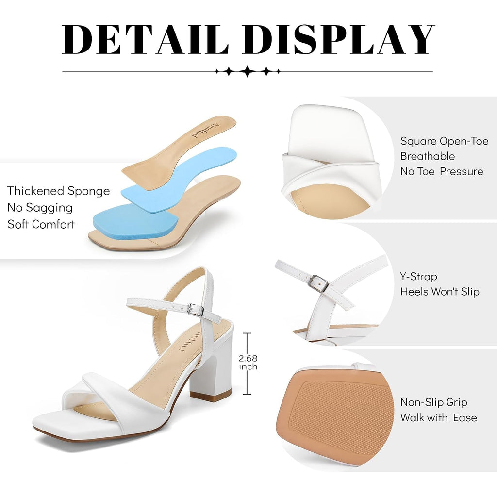 Block Heels For Women, Square Open Toe Heeled Sandals, Chunky Strappy Ankle Strap Shoes For Dress, Party, Low Heel 2.68 Inch
