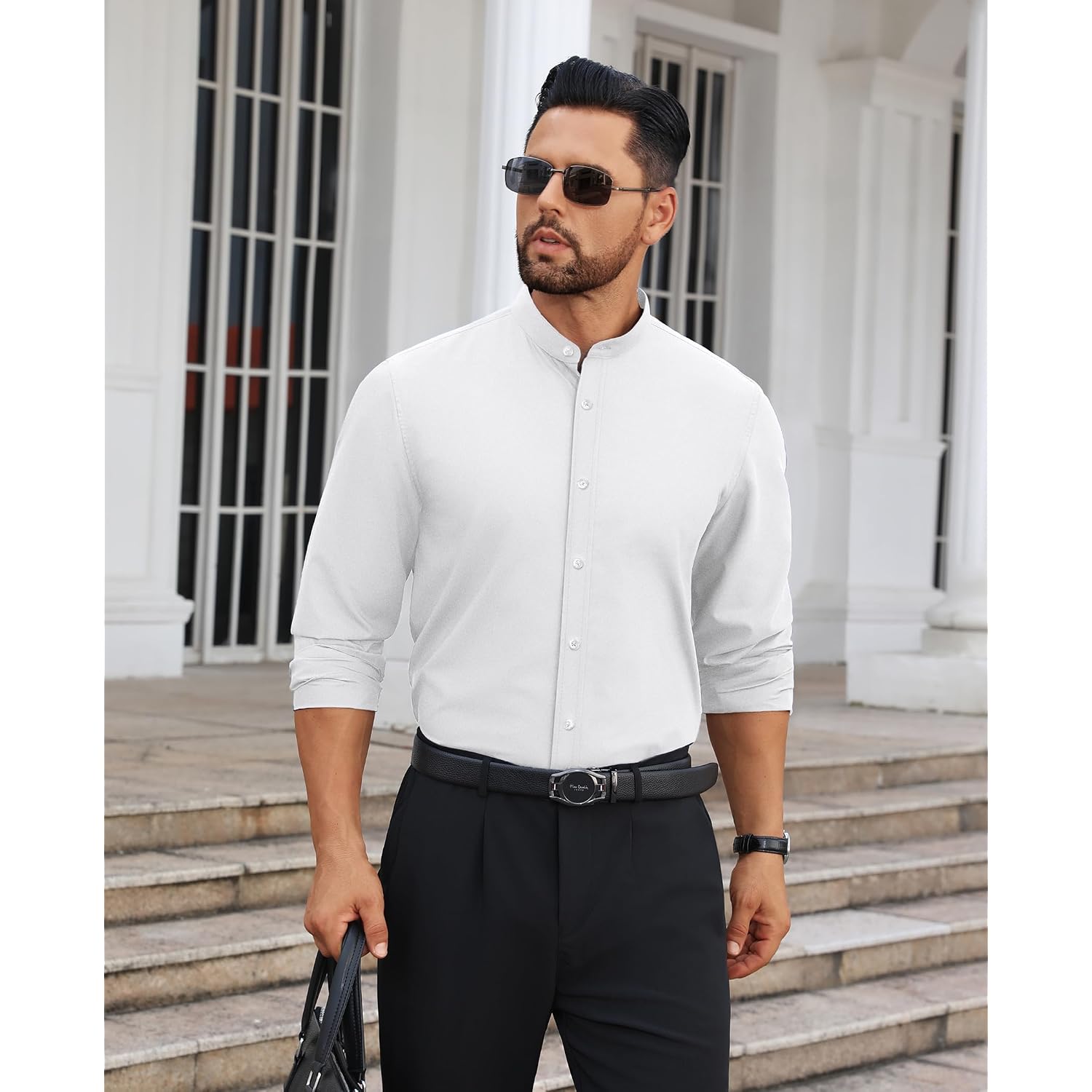 Mens Dress Shirts Wrinkle Free Dress Shirts For Men Long Sleeve Button Down Shirts Banded Collar Shirts