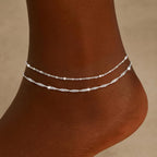 Moodear Ankle Bracelets for Women 14K Silver Plated Anklets for Women Waterproof Dainty Twist Square Beaded Chain Anklets Non Tarnish Adjustable Layered Anklet Summer Beach Jewelry Gift