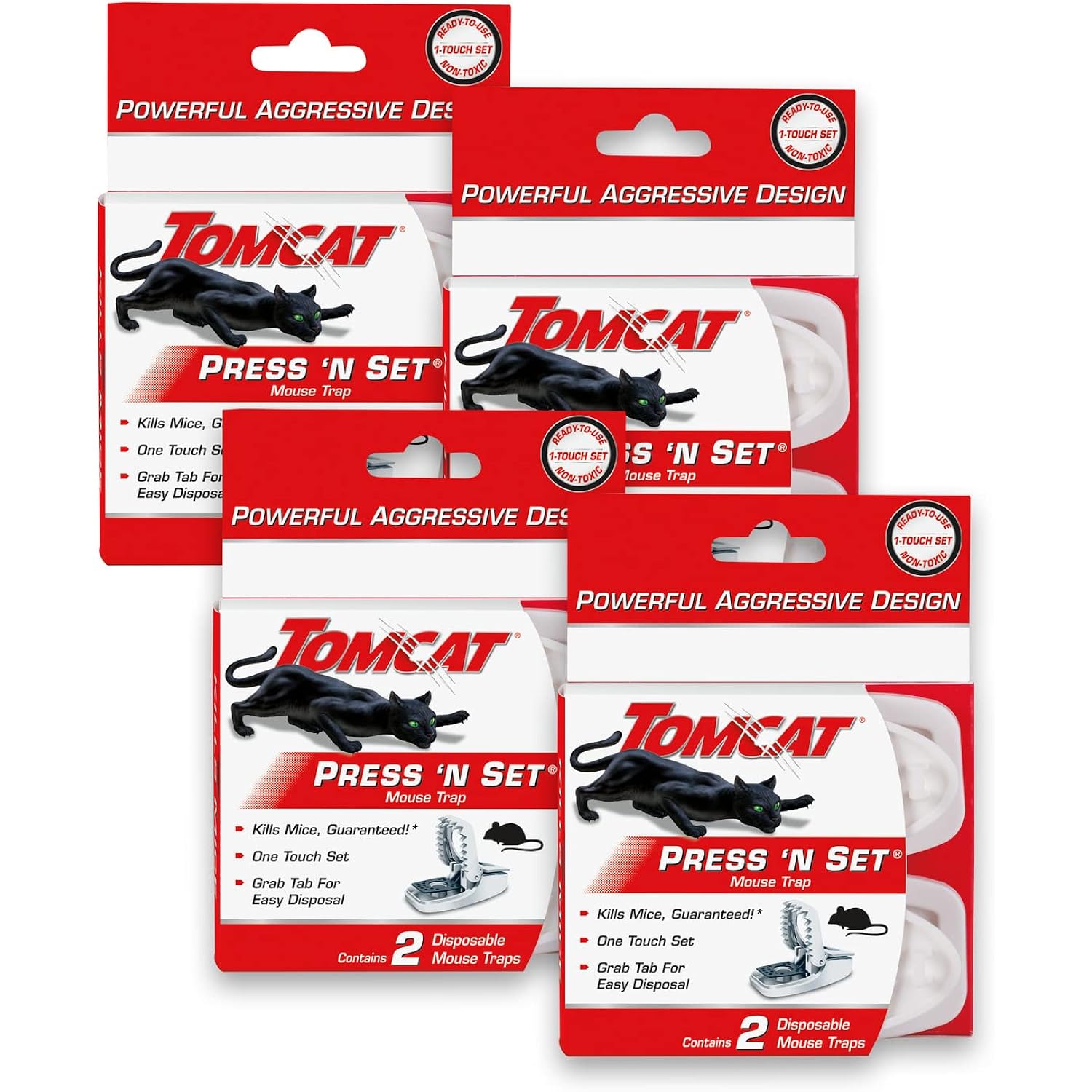 Tomcat Press 'N Set Mouse Trap, 4-Pack (8 Traps) | Plastic Spring-Loaded Mouse Killer With Grab Tab, 4 Packages Each With 2 Traps