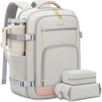 Lovevook Travel Backpack For Women, 40L Carry On Backpack Flight Approved, Tsa Personal Item Travel Bag Fits 17 Inch Laptop, Business Weekender Overnight Waterproof Daypack With 2 Cubes, Grey-Pink
