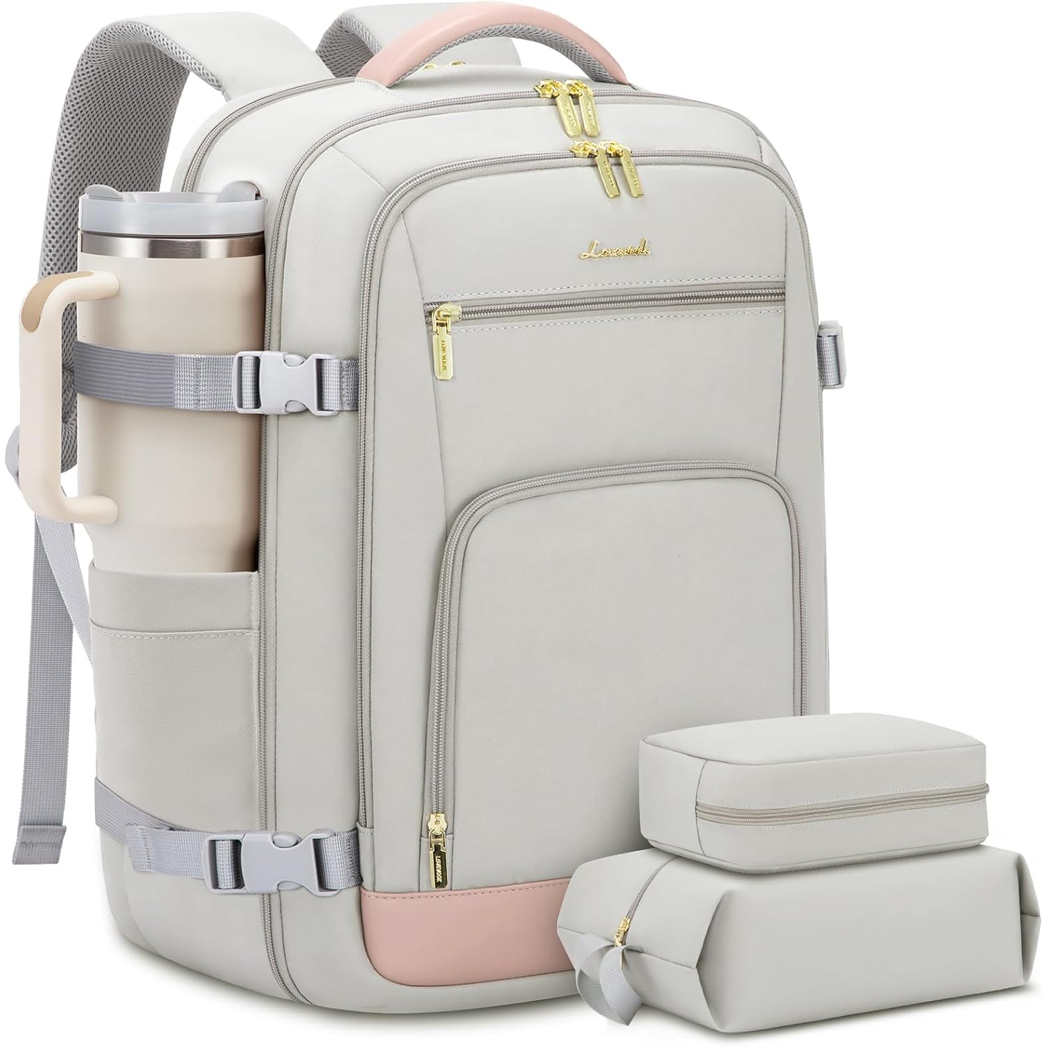 Lovevook Travel Backpack For Women, 40L Carry On Backpack Flight Approved, Tsa Personal Item Travel Bag Fits 17 Inch Laptop, Business Weekender Overnight Waterproof Daypack With 2 Cubes, Grey-Pink