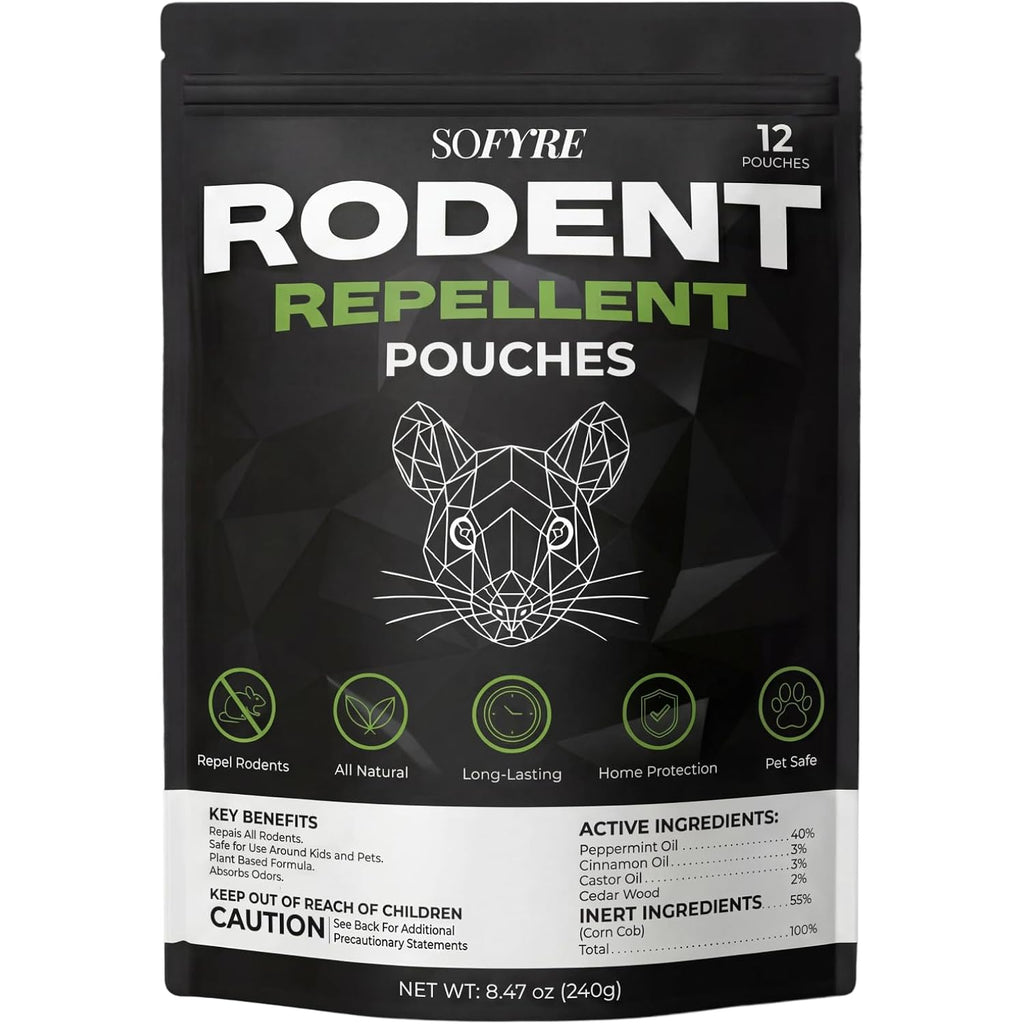 Sofyre Rodent Repellent Pouches 12-Pack Mouse Repellent For Home Rv Garage Car Basement, Mice Indoor & Outdoor Deterrent, Peppermint Cinnamon Cedarwood Rat Repellent, Plant-Based Natural Pest Control