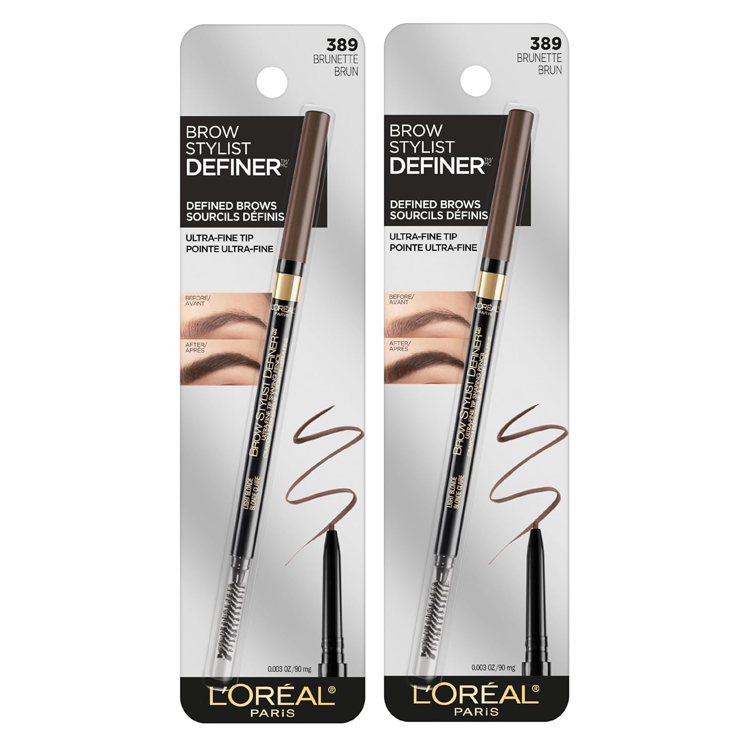 L'Oreal Paris Makeup Brow Stylist Definer Waterproof Eyebrow Pencil, Ultra-Fine Mechanical Pencil, Draws Tiny Brow Hairs and Fills in Sparse Areas and Gaps, Brunette, 0.003 Ounce (Pack of 2)
