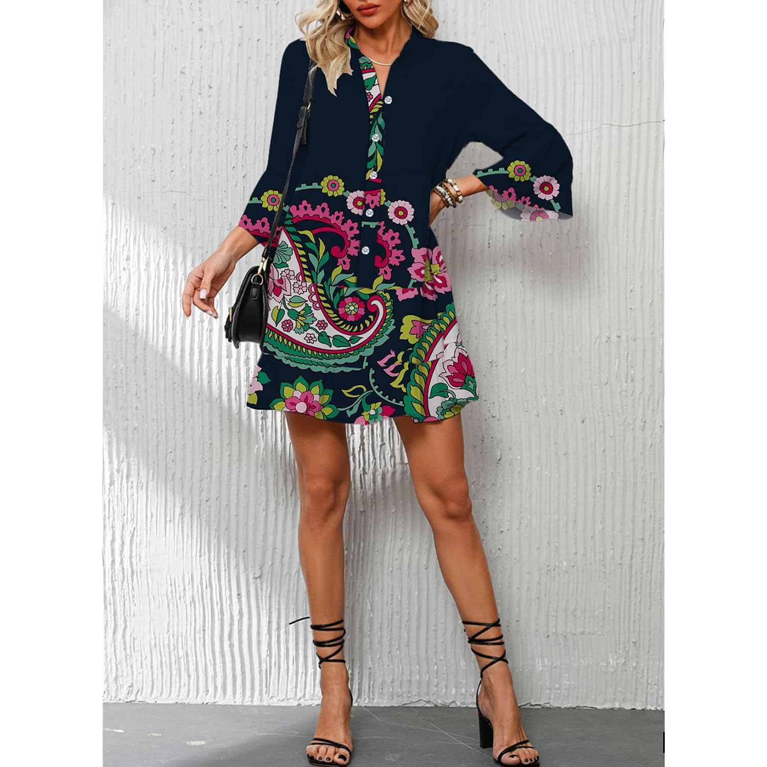 Opemiby Summer Dresses For Women 2026 Flowy Ruffle 3/4 Sleeve V Neck Tiered Casual Babydoll Boho Beach Mini Dress