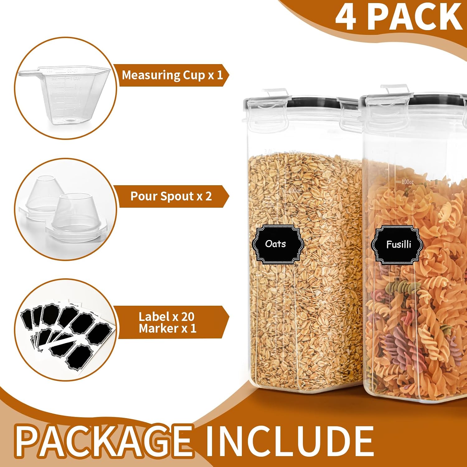Cereal Containers Storage Set (4L / 135.2Oz), 4Pcs Airtight Food Storage Containers With Lids, Cereal Dispensers For Kitchen Pantry Organization And Storage With Pour Spout, 20 Labels, Marker