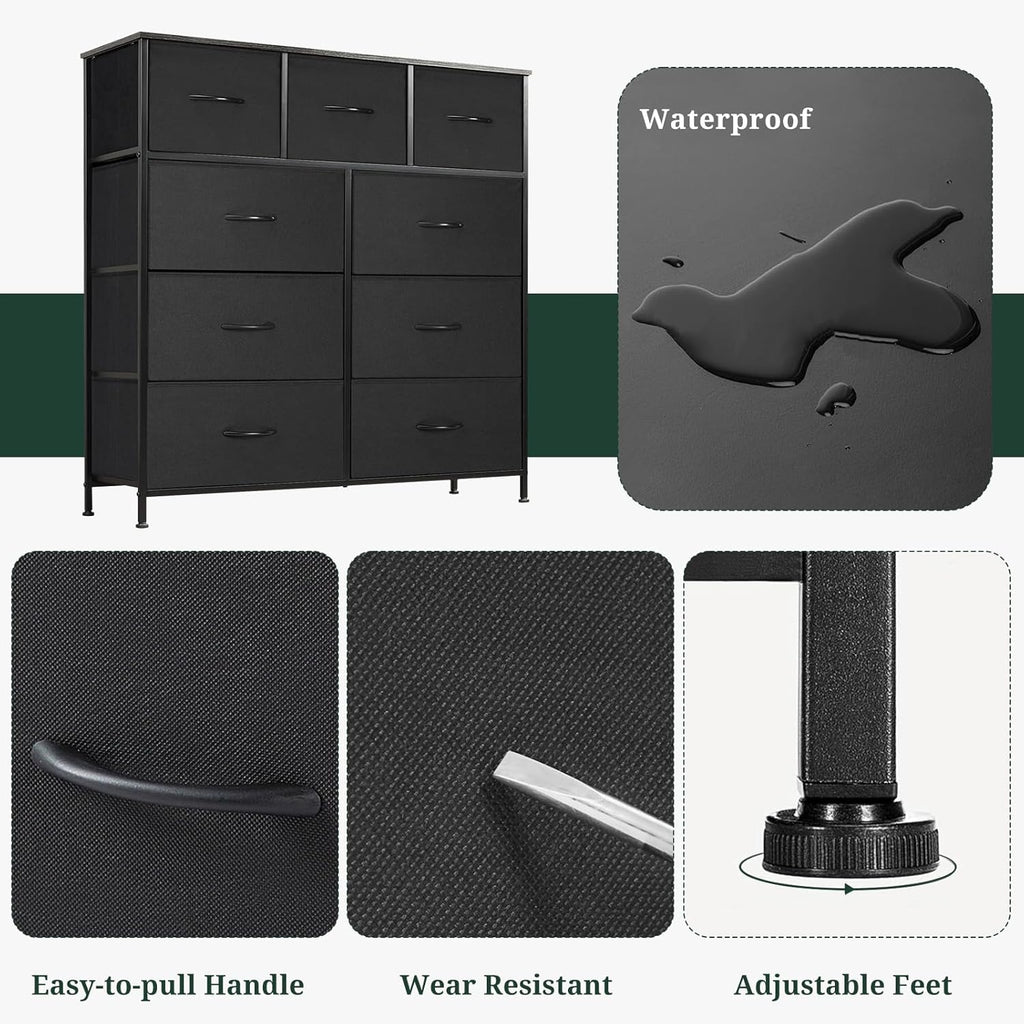9-Drawer Dresser for Bedroom, Anti-Tip Tall Storage Organizer Chest of Drawers with Wooden Top and Metal Frame Fabric Bins for Closet, Living Room, Hallway, Entryway, Black
