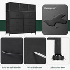 9-Drawer Dresser For Bedroom, Anti-Tip Tall Storage Organizer | Chest Of Drawers With Wooden Top And Metal Frame Fabric Bins For Closet, Living Room, Hallway, Entryway, Black