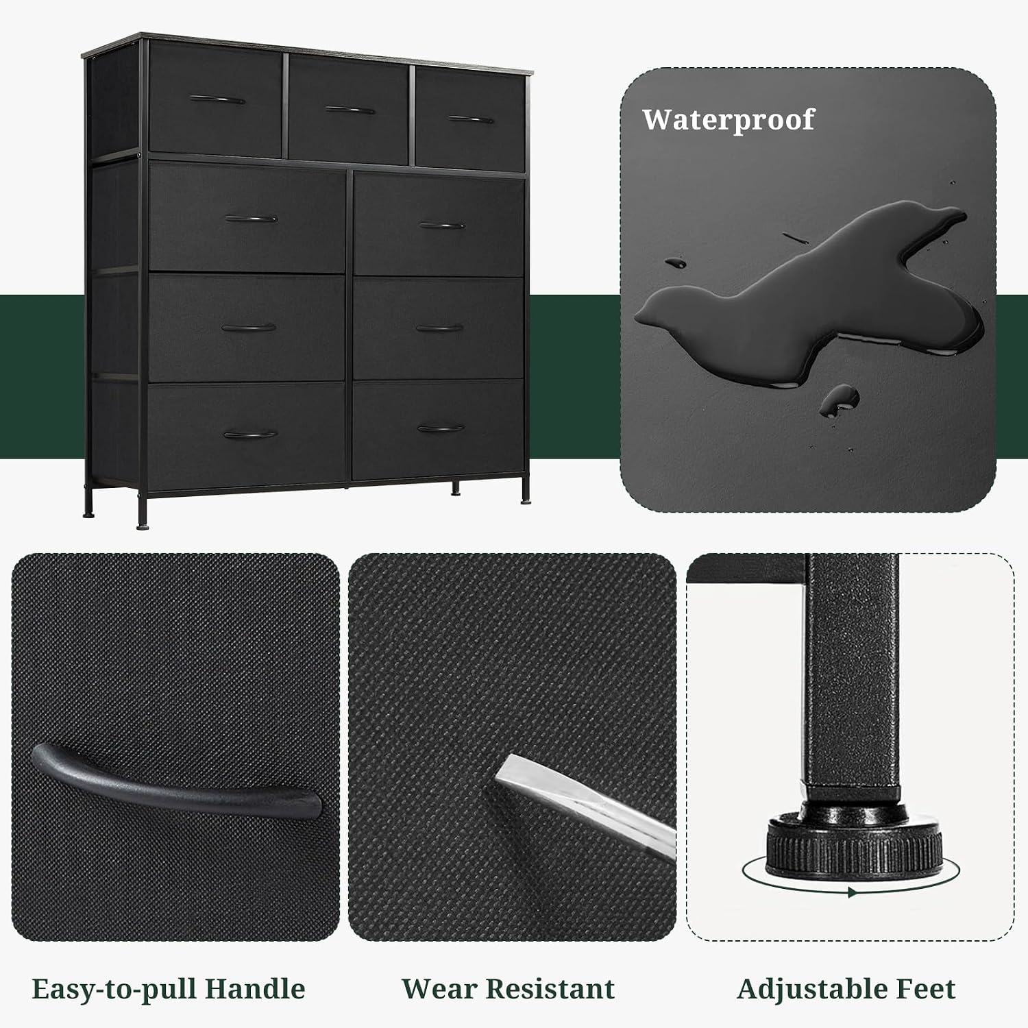 9-Drawer Dresser For Bedroom, Anti-Tip Tall Storage Organizer | Chest Of Drawers With Wooden Top And Metal Frame Fabric Bins For Closet, Living Room, Hallway, Entryway, Black