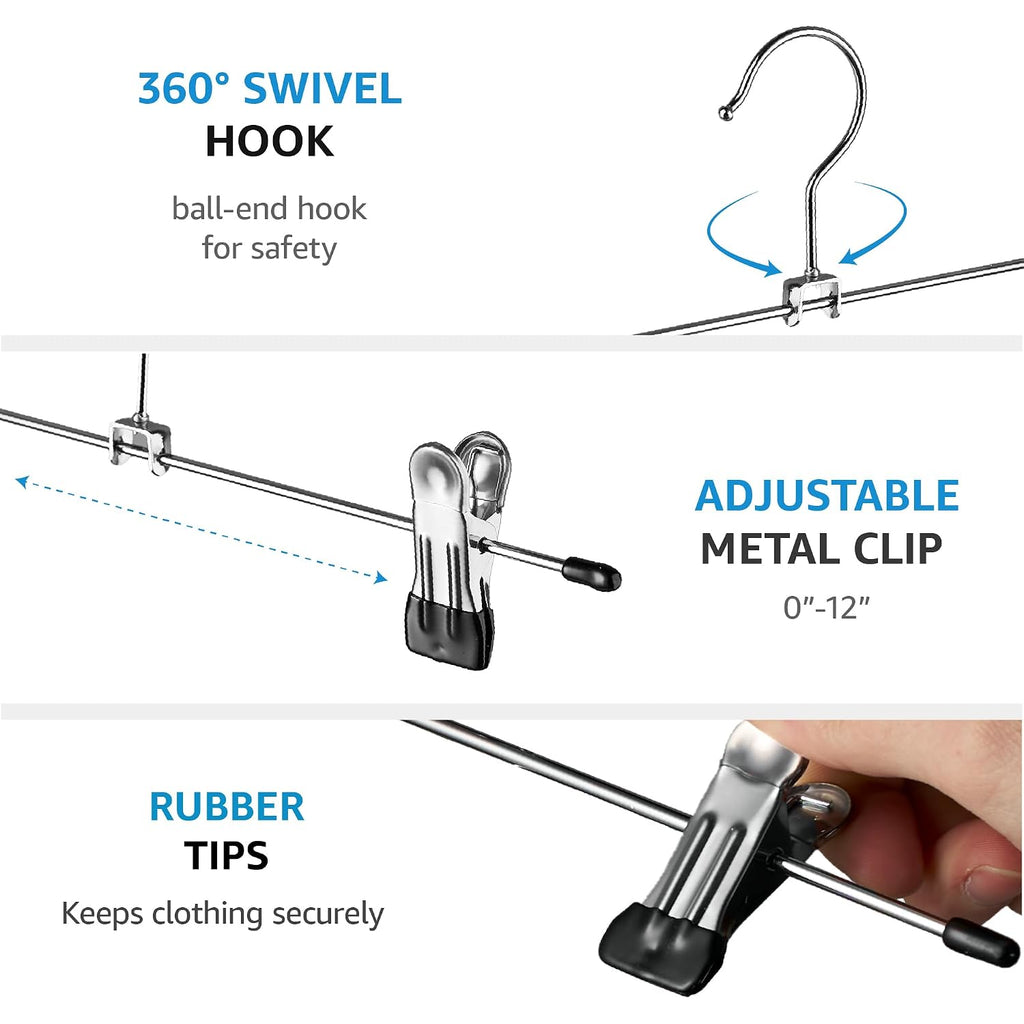 Zober Metal Pants Hangers With Clips - Pack Of 20 Space Saving Skirt Hangers For Women - Chrome, Non-Slip, Adjustable Clips, For Pants, Skirts, Jeans Closet Organization, College Dorm Essentials